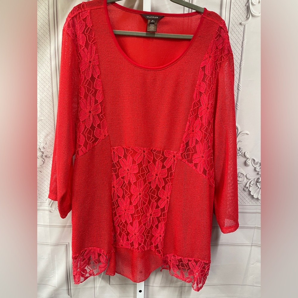 Multiples Floral Embroidered Lace Sheer Sleeves Whimsy Lagenlook Hem 3X Top